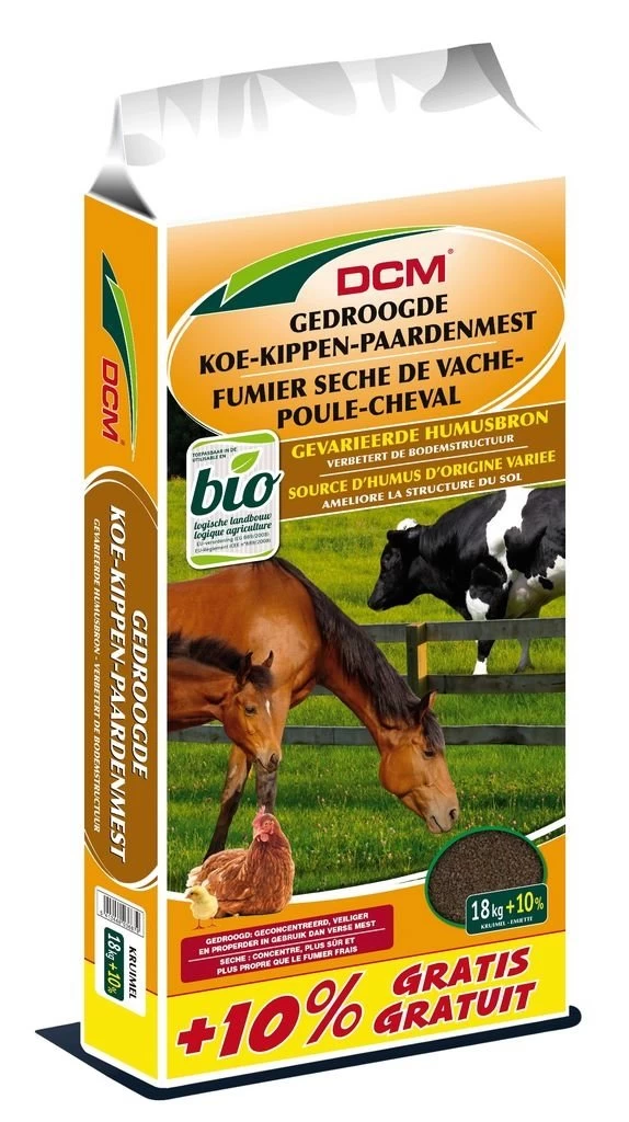 DCM Gedroogde Koe-Kippen-Paardenmest 1 DCM Gedroogde Koe-Kippen-Paardenmest